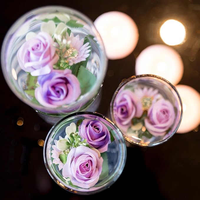 Purple Rose Floating Flowers for Table Centerpieces Glass Cylinder Vases Fillers Set with Floating Candles and Fake Ice Cubes for Wedding Party Home Pool Bar Restaurant Festival Decoration