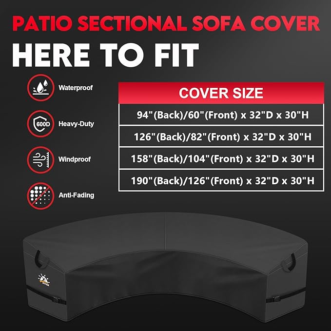 Zettum Outdoor Curved Sectional Cover - Patio Sectional Sofa Cover, 600D Waterproof Patio Furniture Covers for 5-7 Seater Outdoor Sectional Sofa and Couch, 190"(Back)/126"(Front)