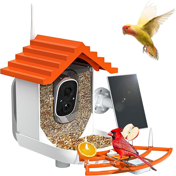 Smart Bird Feeder with Camera Solar Powered & AI Bi rd Identification, 2.4Ghz WiFi Bird feeders for Outdoors, 2K Live Video, Instant Arrival Alerts - Orange