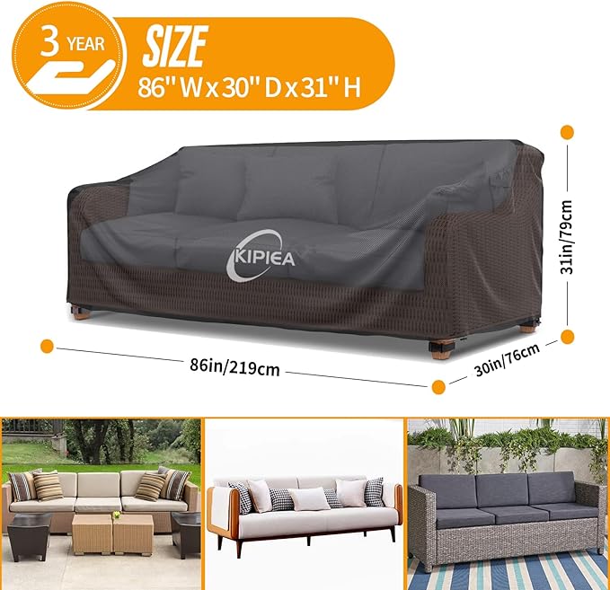 Kipiea Patio Sofa Cover, Heavy Duty Outdoor Couch Covers Waterproof Winter, 3-Seat Patio Furniture Cover Loveseat, Outdoor Sofa Covers with Anti UV and No Tears, No Fading (86"W x 30"D x 31"H)