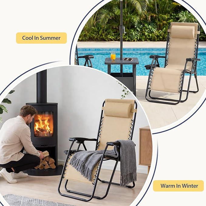 Sweetcrispy Zero Gravity Chairs, Set of 4 Portable Recliner Beach Camping Patio Outdoor Folding Lounge Chair with Cup Holder Trays and Adjustable Pillow for Poolside, Garden, Backyard, Lawn (Khaki)
