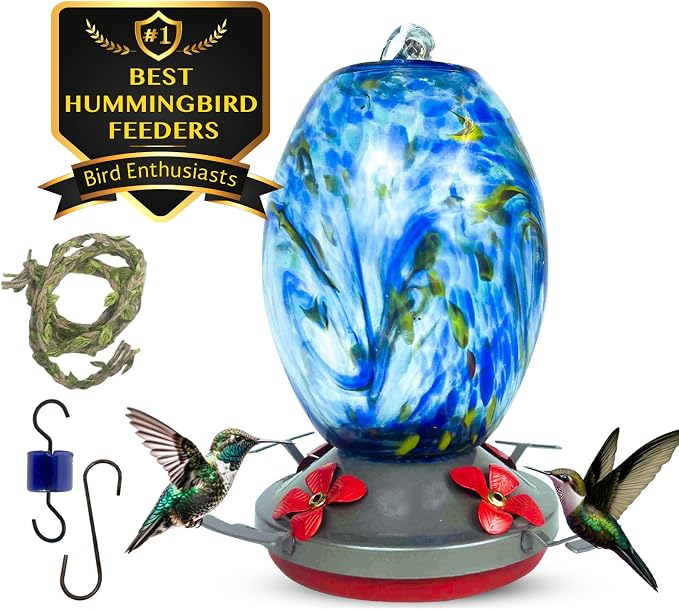 Nature Gear Glass Hummingbird Feeder for Outdoors, Hanging Bird Feeder with Ant Moat, Hand-Blown Glass Garden Feeder, Easy Clean Wide Mouth, Rust Resistant, 38 oz, Sky Blue