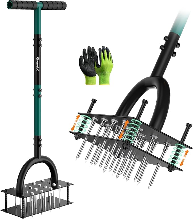 Grenebo Lawn Aerator Manual Aerator Lawn Tool with 16 Spikes, Metal Grass Aerator for Yard, Lawn Aeration, Automatic Soil Ejection, Pre-Assembled Lawn Aerator Tool (Green)