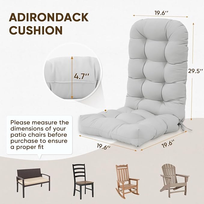 COOS BAY High Back Adirondack Chair Cushions for Outdoor Furniture, 49x20x5 in Water-Resistant Thick Tufted Patio Chair Cushions with Secure Straps, Set of 1, Light Gray