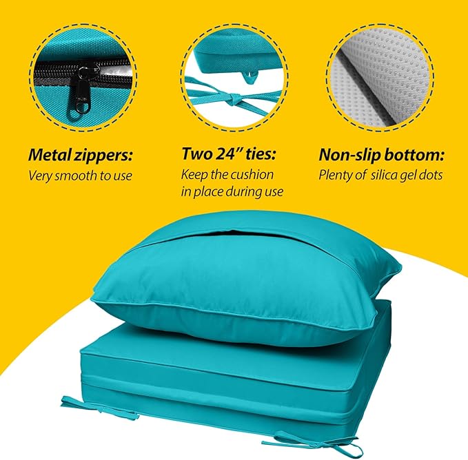 AAAAAcessories Outdoor Seat Cushions for Chairs, Fade-Resistant, Waterproof Patio Furniture Replacement Cushions, 23.5" x 25.5" x 5" + 23.5" x 19", Turquoise Blue
