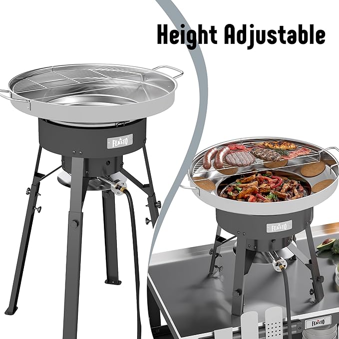 Feasto 23" Stainless Steel Concave Comal Set, Discada Disc Cooker with 54,000 BTU Paella Burner and Adjustable Stand Set, Cazo Para Carnitas Tortillas Stir Fry Wok for Outdoor Cooking, CSA Certified
