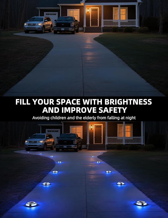 VOLISUN Solar Driveway & Deck Lights 8 Pack Waterproof Dock & Marine Ground Lights,2-in-1 Blue & White LED,Solar Marker for Pathways,Steps,and Warning Signs,Auto On/Off