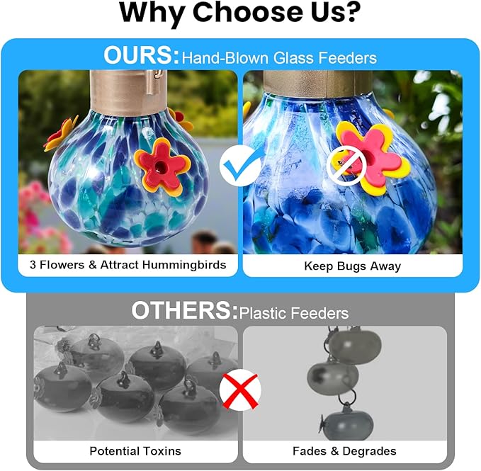 Solar Glass Hummingbird Feeder Outdoors Hanging, Waterproof 3 Feeding Ports, Auto Light Up Garden Decor, Ideal Bird Lover Gift, Blue (Mixed Red & Orange)