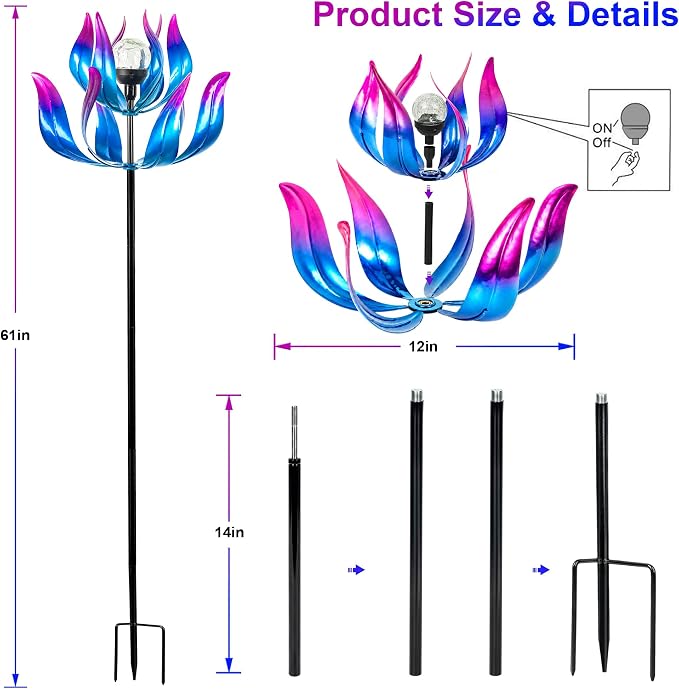 61'' Solar Wind Spinners for Yard and Garden - Large Metal Kinetic with Solar Powered LED Crackle Glass Globe, Vibrant Blue & Purple Gradient Lotus Flower Yard Art for Outdoor, Patio, Lawn Decor