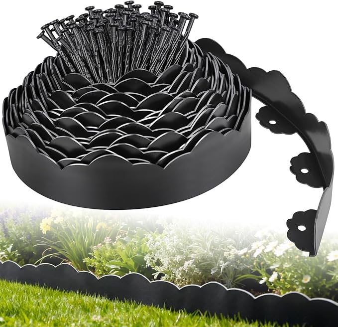 50 FT Landscape Edging Border with 75 Spikes, 2.8 Inch Tall Garden Edging Border, Flexible Plastic No Dig Lawn Edging Border for Flower Beds Landscaping Yard Pathway Paver Tree Fence Edging (Black)