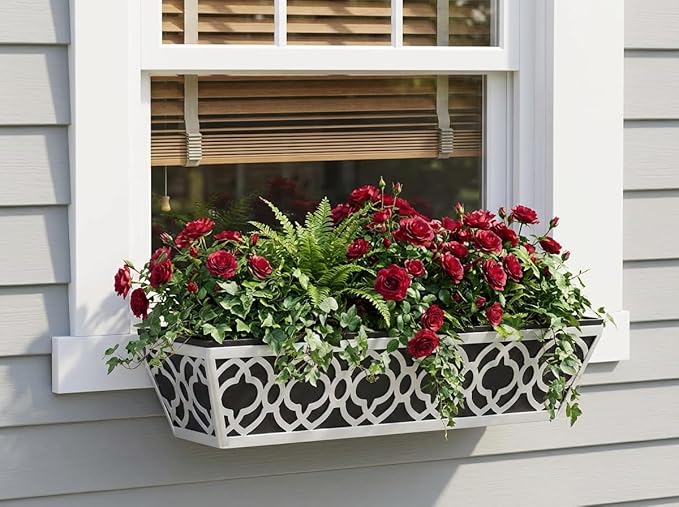 Y&M 4Pcs 24'' Railing Planter Box Set with Black Non-Woven Fabric Liner, Flower Boxes with Adjustable Brackets, Large Metal Hanging Window Boxes for Fence, Deck, Balcony, and Garden