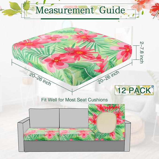Newwiee 12 Pcs Patio Cushion Covers Outdoor Stretch Sofa Couch Cover Replacement Couch Slipcover Sofa Seat Chair Porch Patio Furniture Protector, Flexibility Washable(Red Green,Floral Leaf)