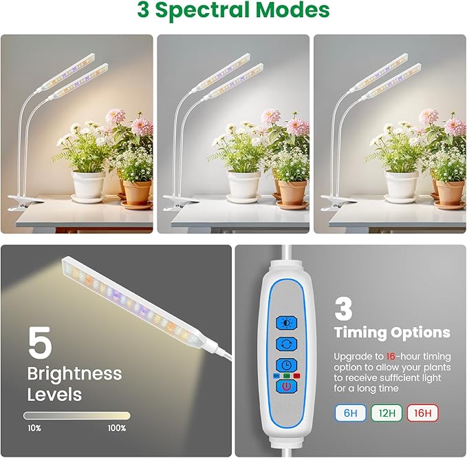 Aumtrly Grow Light Clip on 2 Pack, 228 LED Grow Lights for Indoor Plants Full Spectrum, 2 Head White Arm Grow Lamp with Gooseneck, 6/12/16H Timer, 5 Dimming, 3 Light Mode
