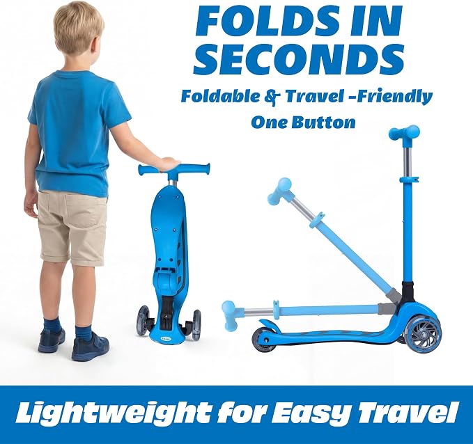 SKIDEE Kick Scooter for Kids Ages 3-5 | Foldable 3 Wheel Scooter with Lean-to-Steer, Adjustable Height, Removable Seat & LED Light Wheels | Toddler Scooter Up to 12 Year Old Boys/Girls
