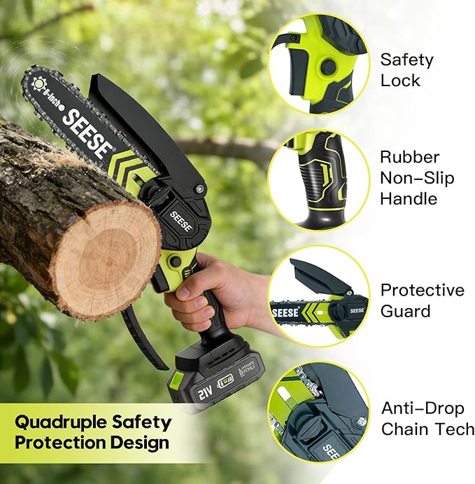 6-inch Mini Chainsaw Cordless: Home Garden Electric Chainsaw - 950W Pure Copper Brushless Motor, High Efficiency, Low Noise, 21V Batteries x2, Up to 80-Min Runtime