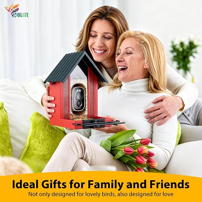 Smart Bird Feeder with Camera 2.5K HD, BOLITE Bird House for Outdoors, AI Auto-Capture & Motion Detection, Weatherproof Camera, Solar Powered, Ideal Gift for Men Women Mom Dad & Bird Lovers, Red