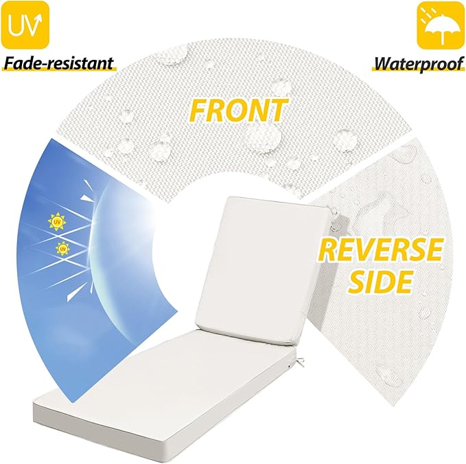AAAAAcessories Outdoor Chaise Lounge Cushions, Fade-Resistant, Waterproof Patio Furniture Replacement Cushions, 80" x 26" x 3", Creamy White