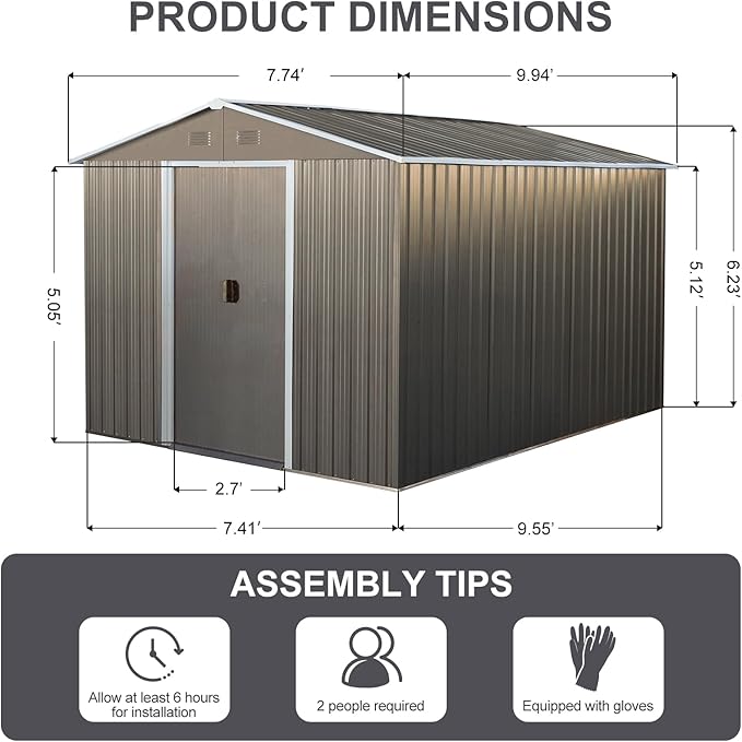 KEIKI 8x10 FT Outdoor Metal Storage Shed with Peaked Roof,Vents and Lockable Door for Garden Yard Lawn