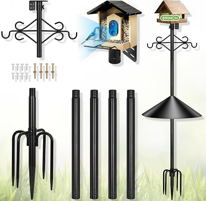 Gbekery 89 inch Double Hooks Heavy Duty Bird Feeder Pole with Squirrel Baffle for Outdoors,5-Prong Base Adjustable Bird House Pole for Smart Camera Birdfeeder,Bluebird House