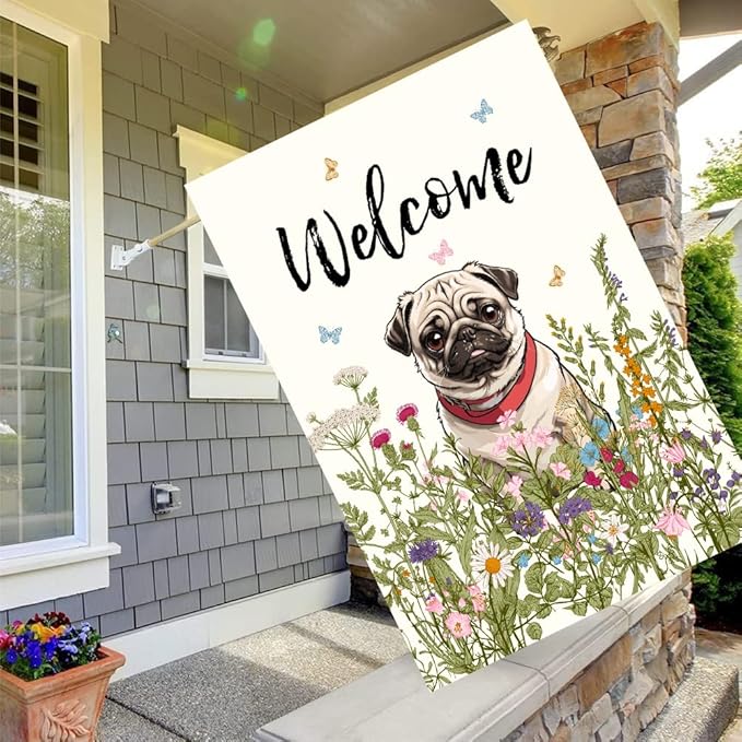 Floral Pug Garden Flag Spring Summer House Flags 28 x 40 Double Sided Flower Dog Yard Flags for Outside Large Outdoor Welcome Flags