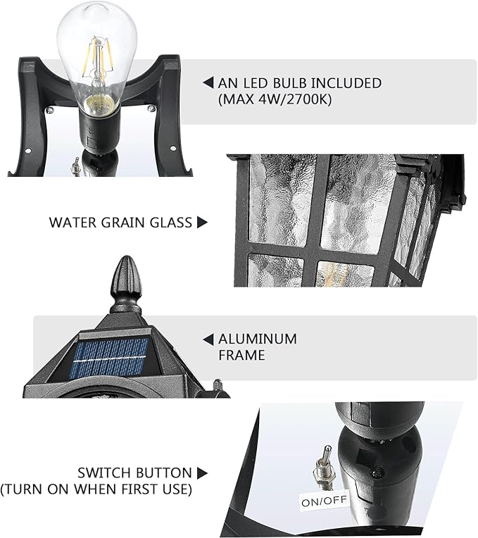 Emliviar 17.3 Inch Solar Lamp Post Light in Black Finish, Dusk to Dawn Outdoor Light Fixture with Remote Control, Pole Light with Water Grain Glass Shade, LED Bulb Included, YXE302P-SL BK