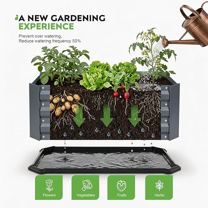 2 Pcs Galvanized Raised Garden Bed with Bottom, Indoor Metal Raised Garden Beds, Easy Assembly No leaks & Rust-Proof Flower Bed, Outdoor Planter Box for Vegetables, Herbs, Patio, Balcony, Grey