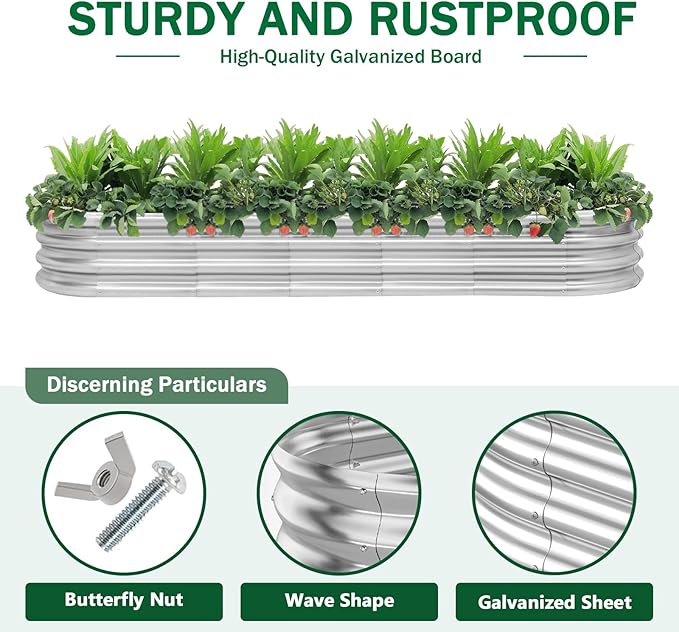 RAYKEEP 2pcs 8x2x1FT Raised Garden Beds Outdoor Kit, Galvanized Oval Planter Box, Metal Bottomless Elevated Garden Boxes Set for Planting Vegetables, Fruits, Flowers, Silver