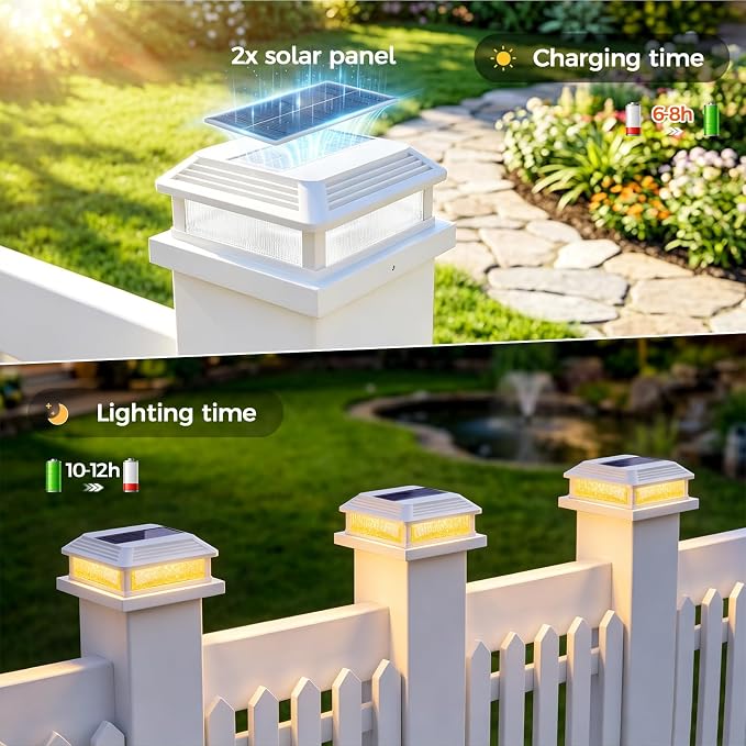 JOFIOS Solar Post Cap Lights, LED, Multi-Color, Plastic, Classic Style, Waterproof IP65, for 4/4.5/5 Inch Posts, Outdoor Patio (6, White)