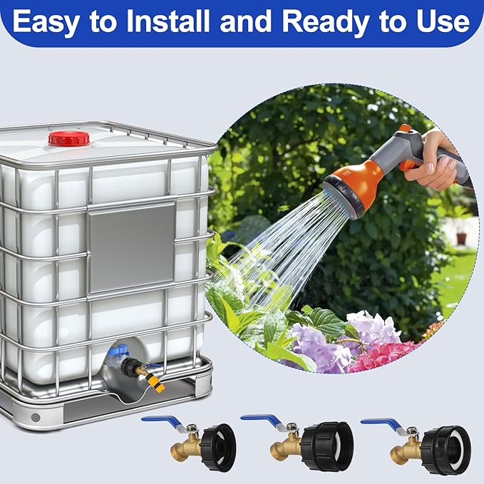 275-330 Gallon IBC Tote Hose Adapter,3-Size IBC Tote Adapter, 2.44" Fine、2 "Fine, and 2" Coarse Thread,3/4" Male NPT Inlet ×3/4" Male GHT Brass Hose Faucet Garden Hose Connector