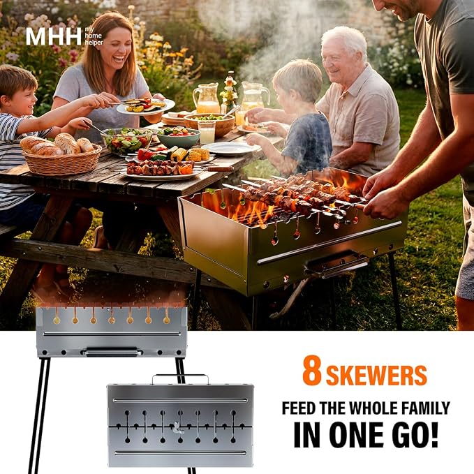 Stainless Steel Charcoal Grill for 8 Skewers – Portable BBQ 16.93"×9.45"×16.93" – Foldable Kabob Mangal – Rustproof Shish Kebab Grill for Outdoor Cooking, (Skewers Not Included)
