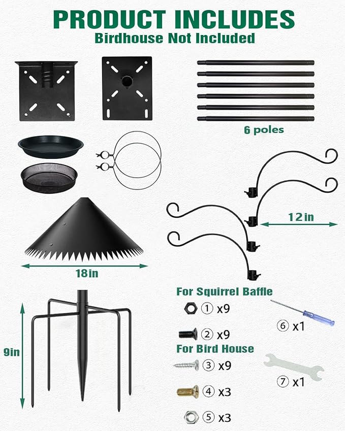 Bird Feeder Pole, 108 inch Bird Feeder Stand Station with Squirrel Proof Baffle, Outdoors Birdhouse Pole Heavy Duty, Metal Black
