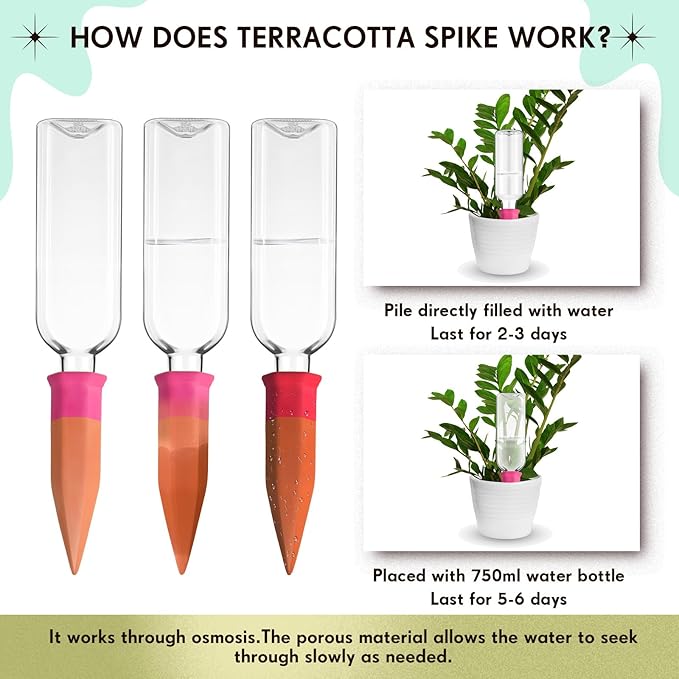 Ziliny 6 Sets Plant Watering Devices 6 Pcs Self Watering Spikes 6 Pcs 25 oz Plastic Bottles Slow Release Automatic Waterer Empty Liquor Bottles Terracotta Spikes for Vacation Plant (Pink)