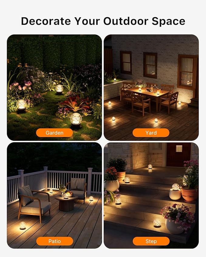 4 Pack Solar Powered Cracked Glass Globe LED Lights Outdoor Waterproof Decorative Table Ball Lamps for Outside Garden, Patio, Yard, Deck, Pathway, Backyard Decoration Easy to Install (Warm White)