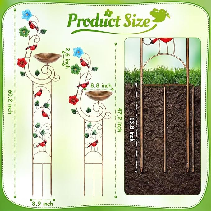 Metal Bird Bath with Trellis for Outside, 57” Height Birdbaths & Supports, Small Garden Decorative Trellises for Climbing Flowers Outdoor (Redbird)