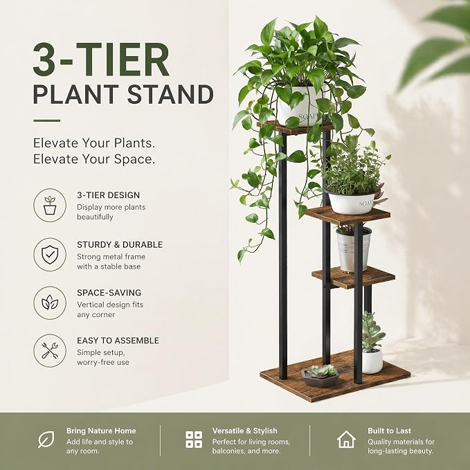 3 Tier Plant Stand Indoor, Tiered Plant Stands for Indoor Plants Multiple, Corner Flower Stand for Living Room, Multi-Layer Vintage Design Plant Shelf | Sturdy wood structure, space-saving corner design. Multi-layer rack holds multiple potted plants,id...