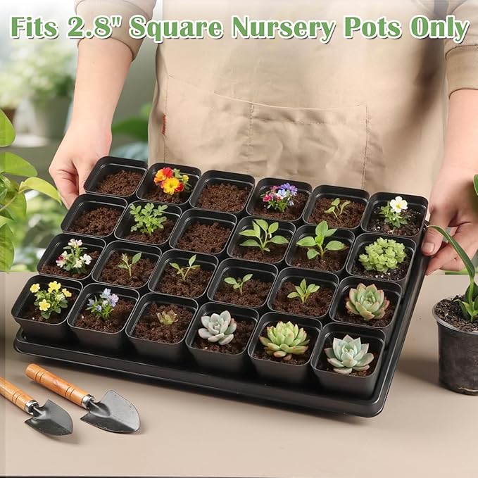 RooTrimmer 5 Pack 24 Cell Nursery Pots Trays with 2.8 inch (7CM) Square Nursery Pots 120pcs (Black), Plastic Seed Starter Tray with Drain Holes for Carrying and Holding Plant Pot(17"x11"x1.6")