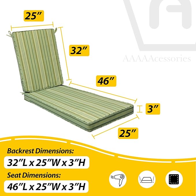 AAAAAcessories Outdoor Chaise Lounge Cushions, Fade-Resistant, Waterproof Patio Furniture Replacement Cushions, 78" x 25" x 3", Mossy Forest Stripe