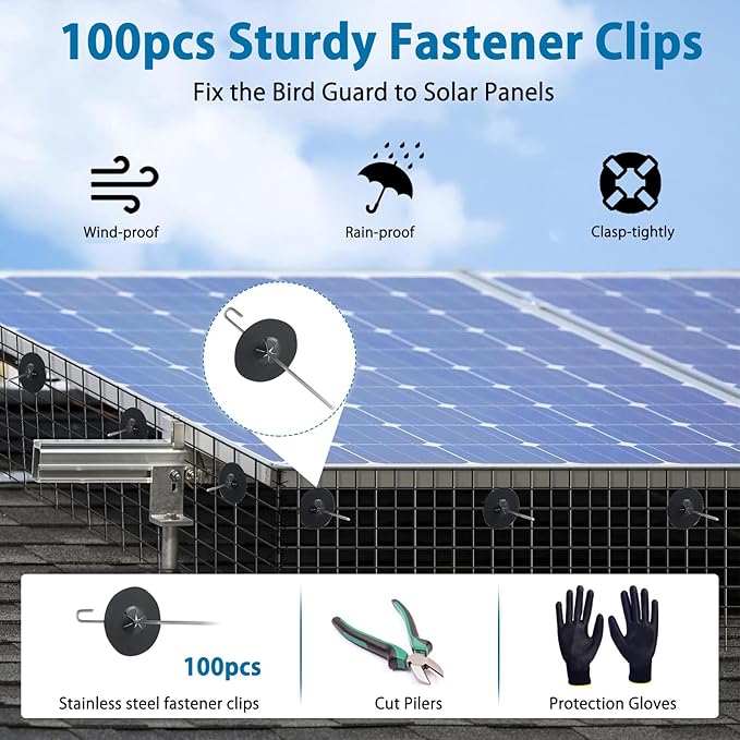 Solar Panel Bird Guard, 6inx150ft Critter Guard, Black PVC Coated Galvanized Mesh with 100pcs Clips, Cutting Plier, Gloves