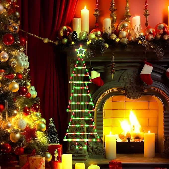 LED Christmas Lights Outdoor,4.6ft 189 LED Christmas Tree Ladder Light with Star Topper 8 Modes Christmas Decorations Lights for Indoor Outdoor, Window, Garden, Home, Wall, Xmas Tree Decor-Red &Green