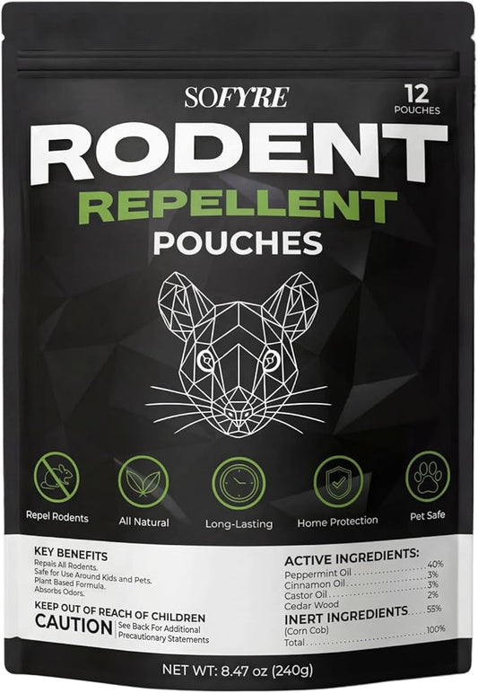 SoFyre Rodent Repellent Pouches 12-Pack Mouse Repellent for Home RV Garage Car Basement, Mice Indoor & Outdoor Deterrent, Peppermint Cinnamon Cedarwood Rat Repellent, Plant-Based Natural Pest Control