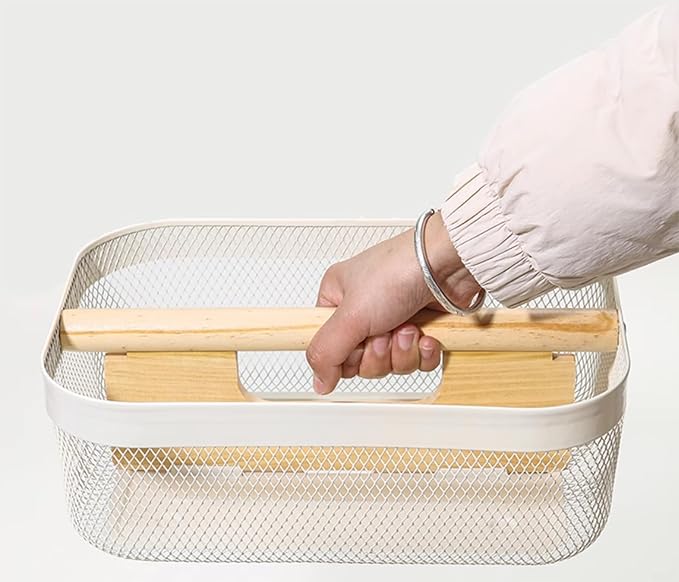 AJIODA Metal Mesh Steel Storage Basket, Garden Harvest Wire Organizer Basket Multi-functional Kitchen Fruit Basket with Wooden Removable Partition & Handle for Bath Picnic Decor Cabinet, Cream White