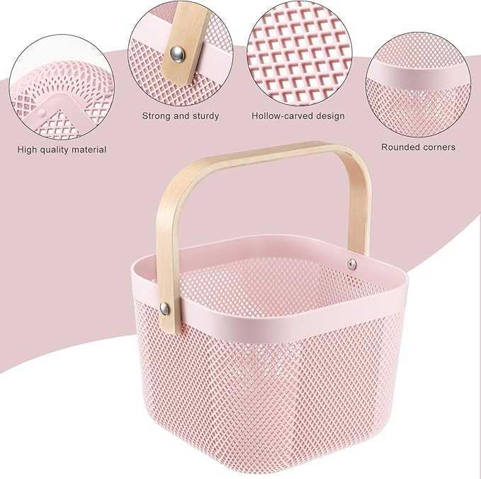 Roshtia 6 Pcs Plastic Mesh Storage Basket with Handle 9.8 x 10.2 x 7.1 Inch Garden Harvest Storage Basket Multi Functional Hanging Organizer for Kitchen Bathroom Picnic Cabinet Home(Pink)