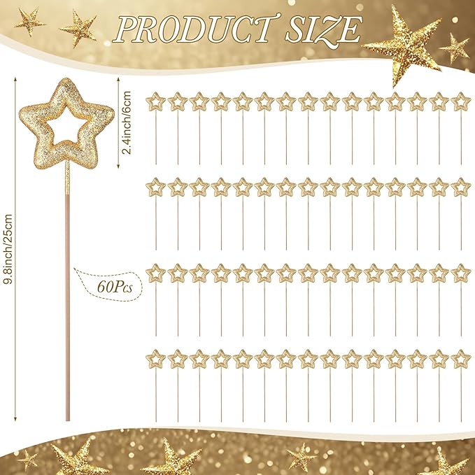 BrightRow 60 Pcs Golden Star Picks for Table Decorations Centerpieces 9.8" Glitter Sparkly Foam Stems Sticks for Floral Arrangements Graduation Baby Shower Party Wedding Supplies(Hollow Star)