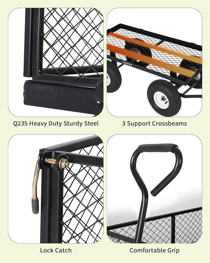 Garvee Versatile Outdoor Utility Cart-400LBS Heavy-Duty, 10" All-Terrain Pneumatic Tires, Easy Maneuverable Lawn Cart with Removable Mesh Panels for Gardening&Landscaping, Black, with Waterproof Liner