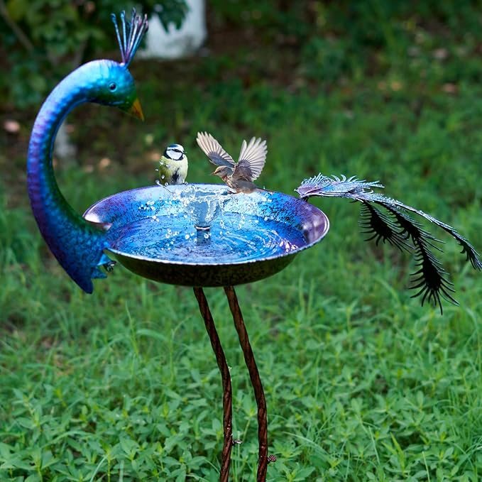 HLQMFHT 12.8" W*38.2" H Peacock Bird Baths for Outdoor, Metal Bird Feeder Seed Trayr,Bird Bath Drinker Plate, Garden Lawn Yard Decor(Multicolor)