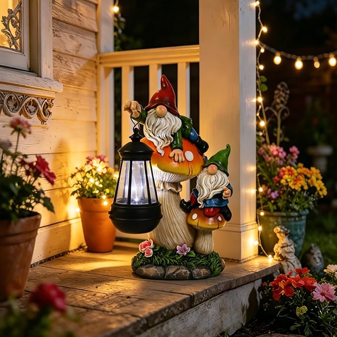 Garden Gnome Statue, Large Funny Gnome Figurine Climbing on Mushroom and Holding a Solar LED Lantern Resin Ornament for Patio Yard Lawn Porch Outdoor Decor