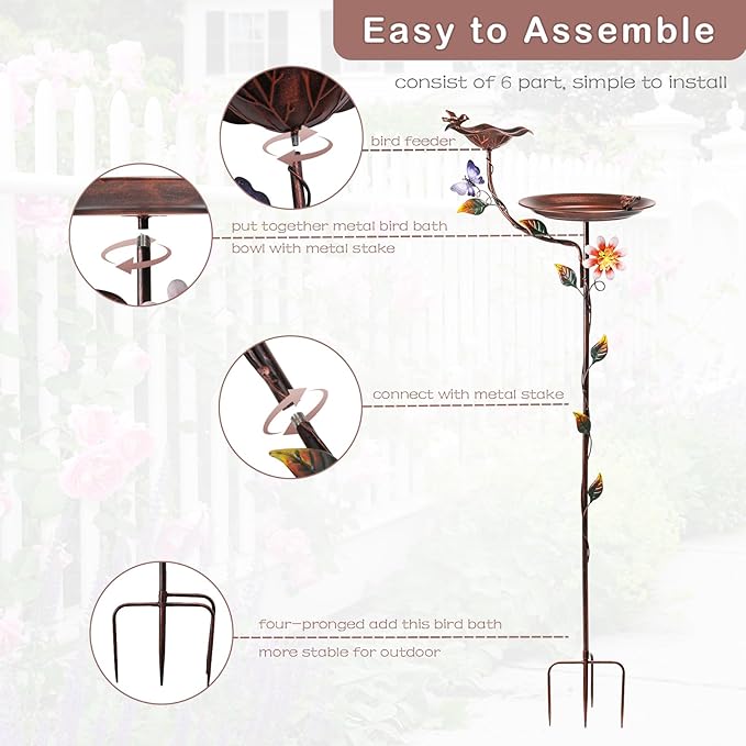 MUMTOP Bird Baths and Feeder for Outdoors, 55 inch Height Metal Birdbath Antique Garden Bird Feeder with Metal Stake for Garden Outside Yard Lawn Decorations, Copper