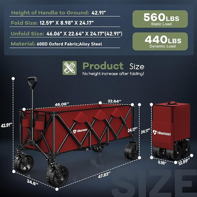 Hikemoon 300L Extra Large Wagons Carts Foldable, 560LBS Heavy Duty Collapsible Beach Wagon 48" Long with Big All-Terrain Wheels, Utility Folding Cart for Camping, Grocery, Sports, Garden, Red