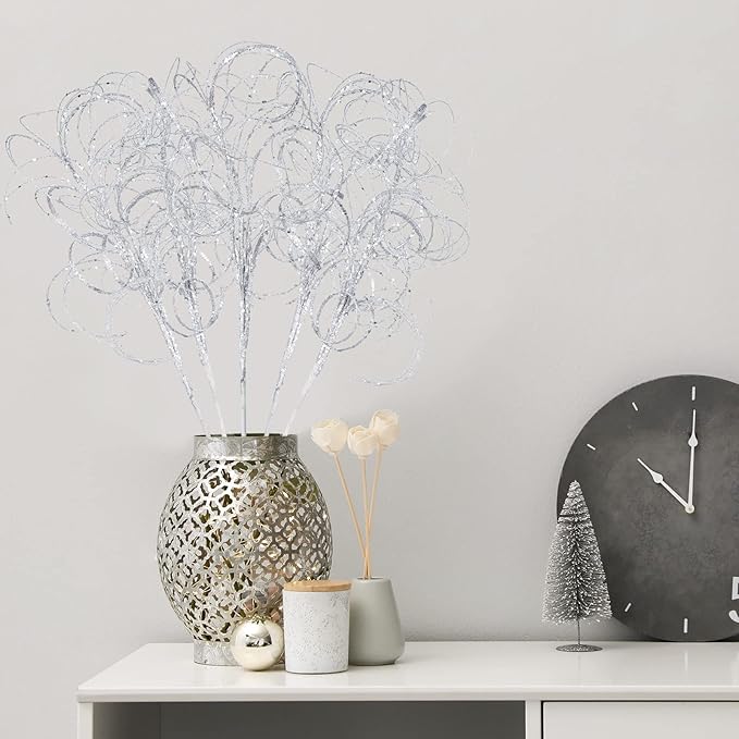 Yinder 18.5'' Glitter Curly Christmas Spray Wispy Christmas Picks Artificial Curly Twigs Branches for Vases Glitter Branches for Xmas Tree Vases Wreath Garland Banquet Decoration, 5 Pieces(Silver)