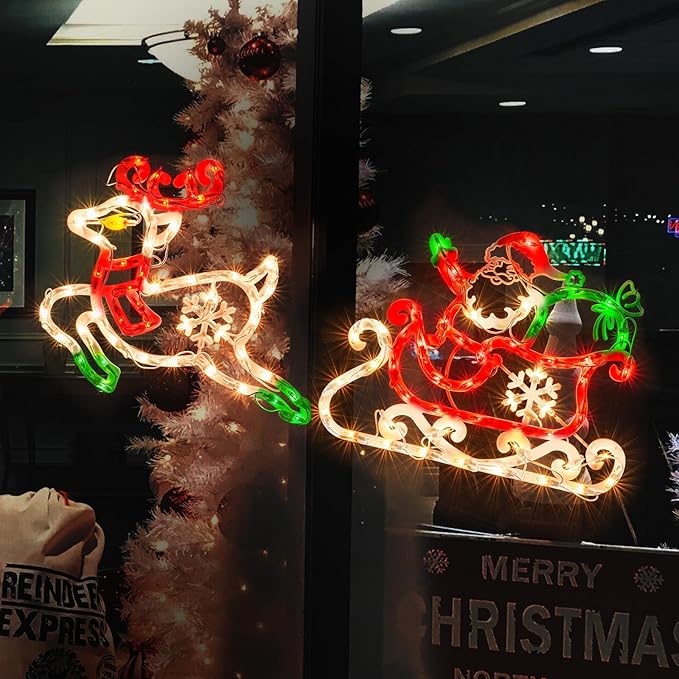 50L Lighted Christmas Sculpture,Including: Deer x1,Santa and Sleigh x1， for Holiday Indoor and Outdoor Wall Door Christmas Window Decorate